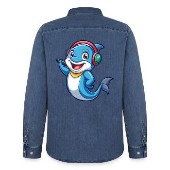 Delfin Lustige Zeichentrickfigur Kopfhörer Musik - Männer Jeanshemd Organic von Stanley/Stella - verwaschenes Mittelblau  - Hinten - AI Model Male 185 light (185cm)