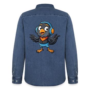 Crow Funny Cartoon Character Musique de casque - Chemise en denim homme bio Stanley/Stella - bleu moyen délavé  - Dos - AI Model Male 185 light (185cm)