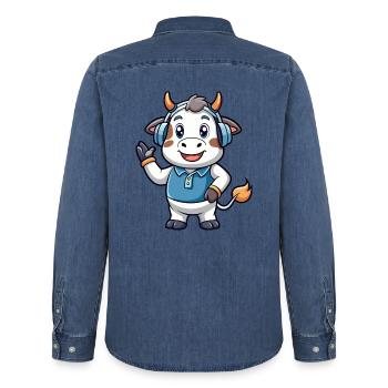 Kuh Lustige Cartoon Figur Kopfhörer Musik - Männer Jeanshemd Organic von Stanley/Stella - verwaschenes Mittelblau  - Hinten - AI Model Male 185 light (185cm)