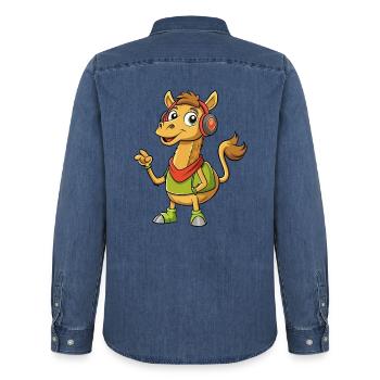 Kamel Lustige Cartoon Figur Kopfhörer Musik - Männer Jeanshemd Organic von Stanley/Stella - verwaschenes Mittelblau  - Hinten - AI Model Male 185 light (185cm)