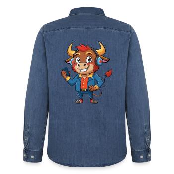 Bull Funny Cartoon Character Musique de casque - Chemise en denim homme bio Stanley/Stella - bleu moyen délavé  - Dos - AI Model Male 185 light (185cm)