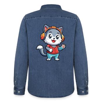 Chat Drôle Dessin Animé Personnage Casque Musique - Chemise en denim homme bio Stanley/Stella - bleu moyen délavé  - Dos - AI Model Male 185 light (185cm)