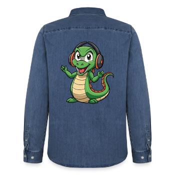 Anaconda Lustige Cartoon Figur Kopfhörer Musik - Männer Jeanshemd Organic von Stanley/Stella - verwaschenes Mittelblau  - Hinten - AI Model Male 185 light (185cm)