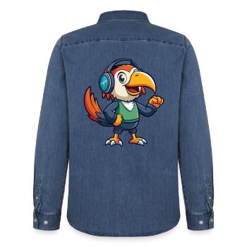 Toucan Funny Cartoon Character Musique de casque - Chemise en denim homme bio Stanley/Stella - bleu moyen délavé  - Dos - AI Model Male 185 light (185cm)