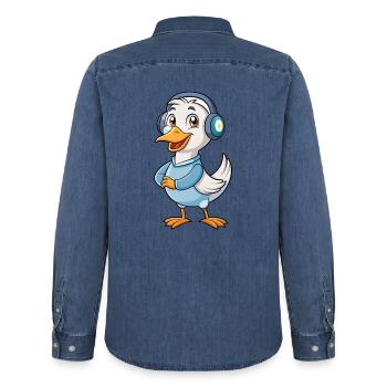 Goose Funny Cartoon Character Casque Musique - Chemise en denim homme bio Stanley/Stella - bleu moyen délavé  - Dos - AI Model Male 185 light (185cm)