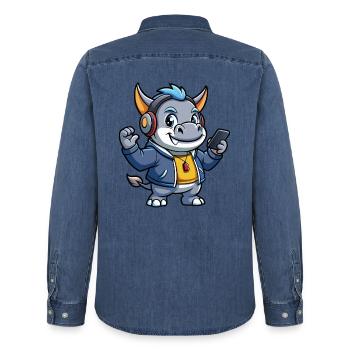 Rhino Lustige Zeichentrickfigur Kopfhörer Musik - Männer Jeanshemd Organic von Stanley/Stella - verwaschenes Mittelblau  - Hinten - AI Model Male 185 light (185cm)