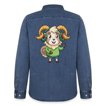 Ram Funny Cartoon Character Musique de casque - Chemise en denim homme bio Stanley/Stella - bleu moyen délavé  - Dos - AI Model Male 185 light (185cm)