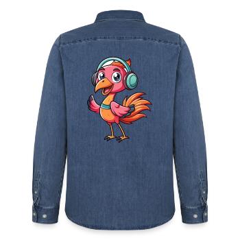 Flamingo Lustige Zeichentrickfigur Kopfhörer Musik - Männer Jeanshemd Organic von Stanley/Stella - verwaschenes Mittelblau  - Hinten - AI Model Male 185 light (185cm)