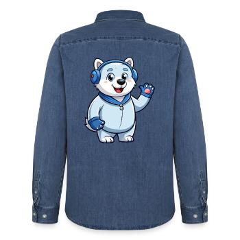 Polar Bear Funny Cartoon Character Headphone Music - Men’s Organic Denim Shirt by Stanley/Stella - mid washy  - Back - AI Model Male 185 light (185cm)