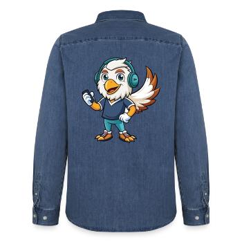 Eagle Funny Cartoon Character Musique de casque - Chemise en denim homme bio Stanley/Stella - bleu moyen délavé  - Dos - AI Model Male 185 light (185cm)