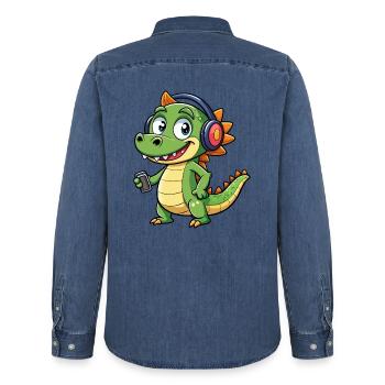 Krokodil Lustige Zeichentrickfigur Kopfhörer Musik - Männer Jeanshemd Organic von Stanley/Stella - verwaschenes Mittelblau  - Hinten - AI Model Male 185 light (185cm)