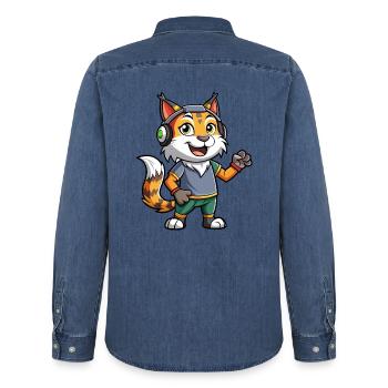 Lynx Funny Cartoon Character Musique de casque - Chemise en denim homme bio Stanley/Stella - bleu moyen délavé  - Dos - AI Model Male 185 light (185cm)