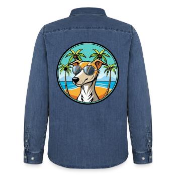 Whippet Hund Rasse Cartoon Sonnenbrille Strand - Männer Jeanshemd Organic von Stanley/Stella - verwaschenes Mittelblau  - Hinten - AI Model Male 185 light (185cm)