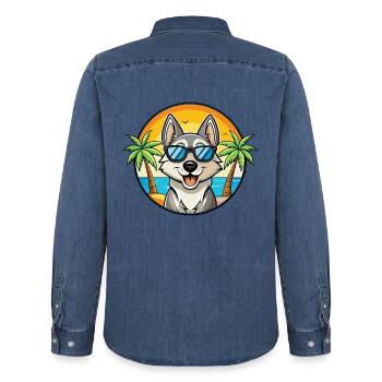 Schwedischer Elchhund Hunderasse Cartoon Sonnenbrille Strand - Männer Jeanshemd Organic von Stanley/Stella - verwaschenes Mittelblau  - Hinten - AI Model Male 185 light (185cm)