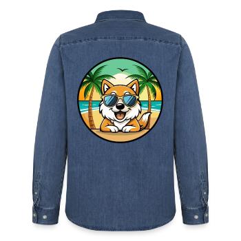 Spitz Hunderasse Cartoon Sonnenbrille Strand - Männer Jeanshemd Organic von Stanley/Stella - verwaschenes Mittelblau  - Hinten - AI Model Male 185 light (185cm)