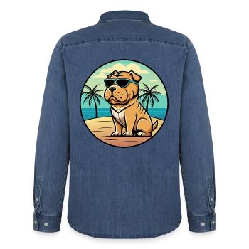 Shar Pei Hunderasse Cartoon Sonnenbrille Strand - Männer Jeanshemd Organic von Stanley/Stella - verwaschenes Mittelblau  - Hinten - AI Model Male 185 light (185cm)