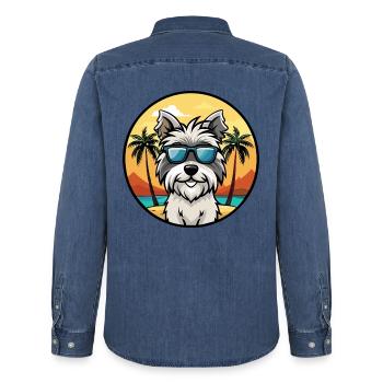 Skye Terrier Hunderasse Cartoon Sonnenbrille Strand - Männer Jeanshemd Organic von Stanley/Stella - verwaschenes Mittelblau  - Hinten - AI Model Male 185 light (185cm)