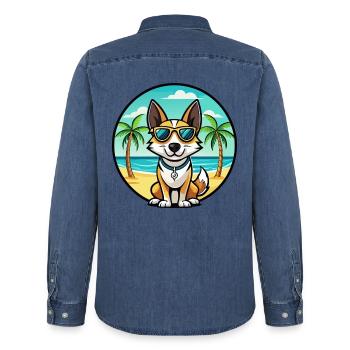 Spielzeug Foxterrier Hund Rasse Cartoon Sonnenbrille Strand - Männer Jeanshemd Organic von Stanley/Stella - verwaschenes Mittelblau  - Hinten - AI Model Male 185 light (185cm)