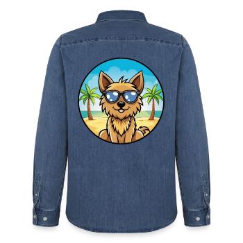 Silky Terrier Hund Rasse Cartoon Sonnenbrille Strand - Männer Jeanshemd Organic von Stanley/Stella - verwaschenes Mittelblau  - Hinten - AI Model Male 185 light (185cm)