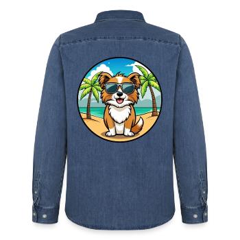 Tibetischer Spaniel Hund Rasse Cartoon Sonnenbrille Strand - Männer Jeanshemd Organic von Stanley/Stella - verwaschenes Mittelblau  - Hinten - AI Model Male 185 light (185cm)