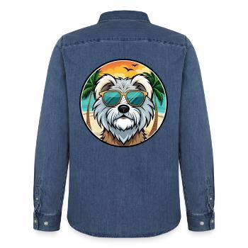 Tibet Terrier Hund Rasse Cartoon Sonnenbrille Strand - Männer Jeanshemd Organic von Stanley/Stella - verwaschenes Mittelblau  - Hinten - AI Model Male 185 light (185cm)