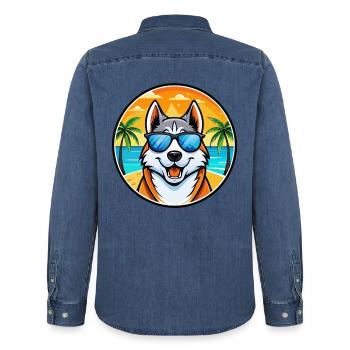 Sibirische Laika Hunderasse Cartoon Sonnenbrille Strand - Männer Jeanshemd Organic von Stanley/Stella - verwaschenes Mittelblau  - Hinten - AI Model Male 185 light (185cm)