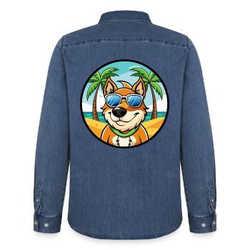 Volpino Italiano Chien Race Dessin Animé Lunettes De Soleil Plage - Chemise en denim homme bio Stanley/Stella - bleu moyen délavé  - Dos - AI Model Male 185 light (185cm)