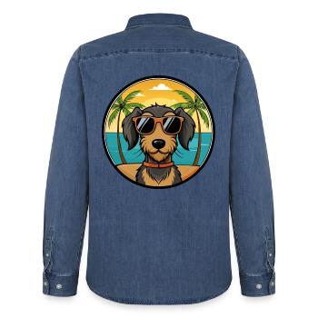 Lunettes de soleil de dessin animé de race de chien teckel à poil dur - Chemise en denim homme bio Stanley/Stella - bleu moyen délavé  - Dos - AI Model Male 185 light (185cm)