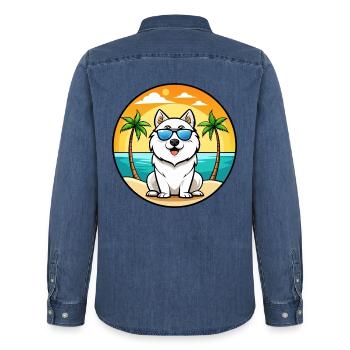 Samojede Hunderasse Cartoon Sonnenbrille Strand - Männer Jeanshemd Organic von Stanley/Stella - verwaschenes Mittelblau  - Hinten - AI Model Male 185 light (185cm)