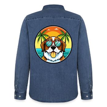 Bernhardiner Hunderasse Cartoon Sonnenbrille Strand - Männer Jeanshemd Organic von Stanley/Stella - verwaschenes Mittelblau  - Hinten - AI Model Male 185 light (185cm)