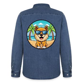Chien Mioritique Roumain Race Dessin Animé Lunettes De Soleil Plage - Chemise en denim homme bio Stanley/Stella - bleu moyen délavé  - Dos - AI Model Male 185 light (185cm)