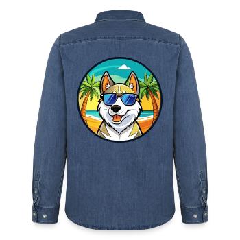 Russisch Europäischer Laika Hund Rasse Cartoon Strand - Männer Jeanshemd Organic von Stanley/Stella - verwaschenes Mittelblau  - Hinten - AI Model Male 185 light (185cm)