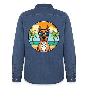 Rhodesian Ridgeback Hunderasse Cartoon Sonnenbrille - Männer Jeanshemd Organic von Stanley/Stella - verwaschenes Mittelblau  - Hinten - AI Model Male 185 light (185cm)
