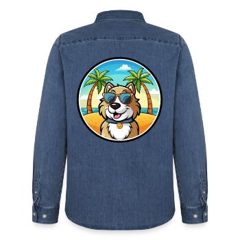 Chien de berger roumain race dessin animé lunettes de soleil plage - Chemise en denim homme bio Stanley/Stella - bleu moyen délavé  - Dos - AI Model Male 185 light (185cm)
