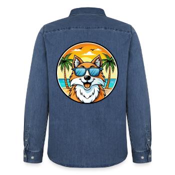 Scotch Collie Hunderasse Cartoon Sonnenbrille Strand - Männer Jeanshemd Organic von Stanley/Stella - verwaschenes Mittelblau  - Hinten - AI Model Male 185 light (185cm)