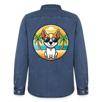 Rat Terrier Hund Rasse Cartoon Sonnenbrille Strand - Männer Jeanshemd Organic von Stanley/Stella - verwaschenes Mittelblau  - Hinten - AI Model Male 185 light (185cm)