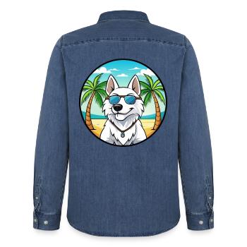 White Shepherd Dog Breed Cartoon Sunglasses Beach - Men’s Organic Denim Shirt by Stanley/Stella - mid washy  - Back - AI Model Male 185 light (185cm)