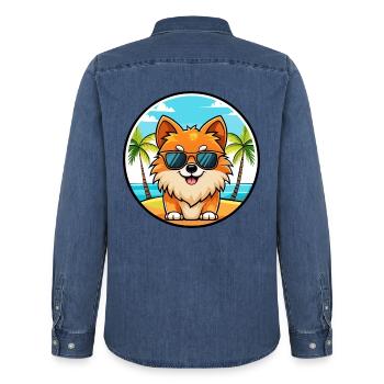 Pommerscher Deutscher Spitz Hunderasse Cartoon Beach - Männer Jeanshemd Organic von Stanley/Stella - verwaschenes Mittelblau  - Hinten - AI Model Male 185 light (185cm)