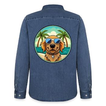 Épagneul picard race de chien dessin animé lunettes de soleil plage - Chemise en denim homme bio Stanley/Stella - bleu moyen délavé  - Dos - AI Model Male 185 light (185cm)