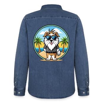 Chien de berger picard race dessin animé lunettes de soleil plage - Chemise en denim homme bio Stanley/Stella - bleu moyen délavé  - Dos - AI Model Male 185 light (185cm)
