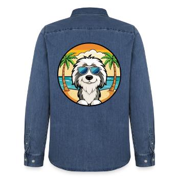 Polnische Tiefland-Schäferhund-Rasse Cartoon-Sonnenbrille - Männer Jeanshemd Organic von Stanley/Stella - verwaschenes Mittelblau  - Hinten - AI Model Male 185 light (185cm)