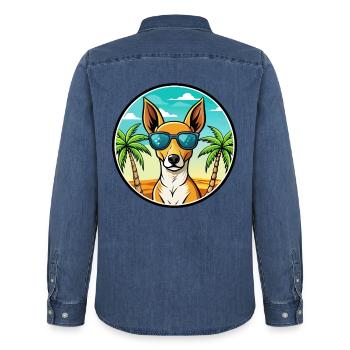 Podenco Canario Hunderasse Cartoon Sonnenbrille Strand - Männer Jeanshemd Organic von Stanley/Stella - verwaschenes Mittelblau  - Hinten - AI Model Male 185 light (185cm)