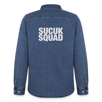 Sucuk Squad T-shirt funny saying - Men’s Organic Denim Shirt by Stanley/Stella - mid washy  - Back - AI Model Male 185 light (185cm)