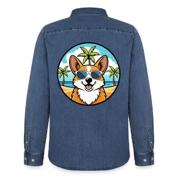 Pembroke Welsh Corgi Dog Breed Cartoon Sunglasses - Men’s Organic Denim Shirt by Stanley/Stella - mid washy  - Back - AI Model Male 185 light (185cm)