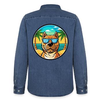 Perro De Presa Canario Hunderasse Cartoon Strand - Männer Jeanshemd Organic von Stanley/Stella - verwaschenes Mittelblau  - Hinten - AI Model Male 185 light (185cm)