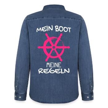 Kapitän Mein Boot Meine Regeln Geschenk - Männer Jeanshemd Organic von Stanley/Stella - verwaschenes Mittelblau  - Hinten - AI Model Male 185 light (185cm)