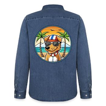 Norwegischer Windhund Dunker Hunderasse Cartoon Strand - Männer Jeanshemd Organic von Stanley/Stella - verwaschenes Mittelblau  - Hinten - AI Model Male 185 light (185cm)