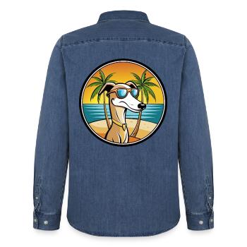 Alter kroatischer Windhund Hunderasse Cartoon Strand - Männer Jeanshemd Organic von Stanley/Stella - verwaschenes Mittelblau  - Hinten - AI Model Male 185 light (185cm)