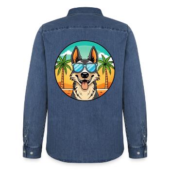 North American Shepherd Dog Breed Cartoon Beach - Men’s Organic Denim Shirt by Stanley/Stella - mid washy  - Back - AI Model Male 185 light (185cm)