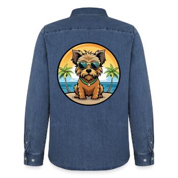 Norfolk Terrier Hunderasse Cartoon Sonnenbrille Strand - Männer Jeanshemd Organic von Stanley/Stella - verwaschenes Mittelblau  - Hinten - AI Model Male 185 light (185cm)